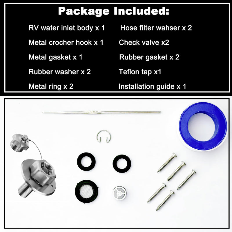 RV City Water Inlet with Check Valve, All Metal RV Water Inlet with 3/4 GHT Female 1/2 NPT Male Connection. RV Water Inlet Replacement for Camper Motorhome Trailer Marine, SE004BN