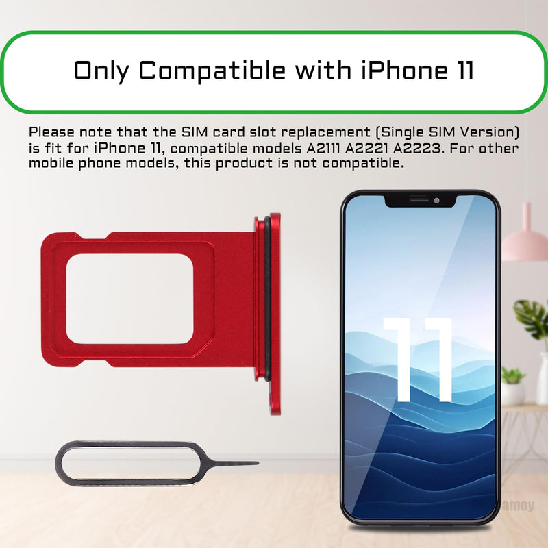 for iPhone 11 Red SIM Card Tray Holder Replacement Single SIM Version for iPhone11 Card Slot with Waterproof Rubber Ring Repair Fix Kit Card Removal Tool for A2111 A2221 A2223