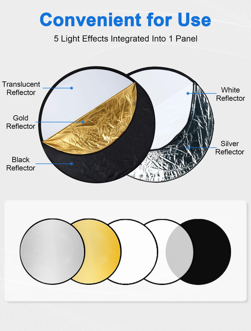 Selens Portable 24inch/60cm Light Reflector with Clamp,5 in 1 Collapsible Multi Disc Photography Reflector Translucent,Silver,Gold,White,Black for Studio Photography Lighting and Outdoor Lighting 5 in 1 24inch with clamp