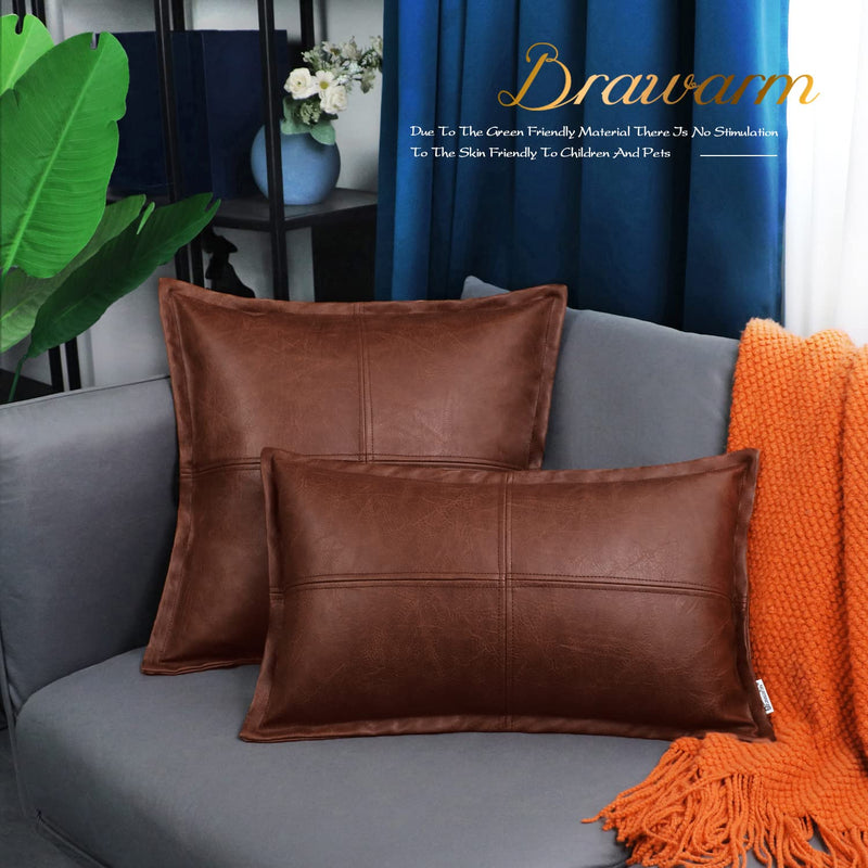 BRAWARM Dark Brown Leather Throw Pillow 20 X 20 Inches, Faux Leather Pillow Cover with Piping, Hand Stitched Leather Decorative Throw Pillow Covers for Couch Sofa Bed Living Room Garden 20" x 20" (Pack of 1) Dark Brown-piping