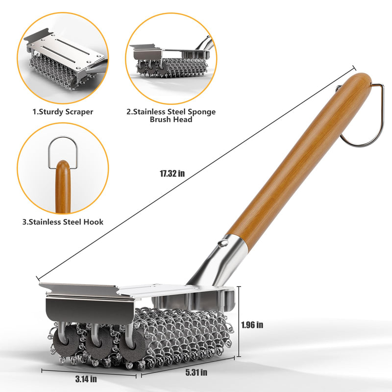 HOUSE AGAIN Grill Brush Bristle Free, 304 Stainless Steel Food-Grade Brush Head with Scraper, Safe BBQ Outdoor Grill Cleaning Brush Strong Barbecue Brush Cleaner Non Wire for Grill Grate/Wooden Handle Wood