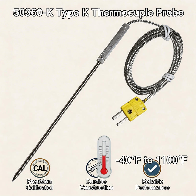 50360-K Type K Thermocouple Probe with 55-inch Stainless Steel Braided Cable. Compatible with Cooper-Atkins Type K Thermocouple Probes Temperature Range -40°F to 1100°F Suitable for ovens and Grills