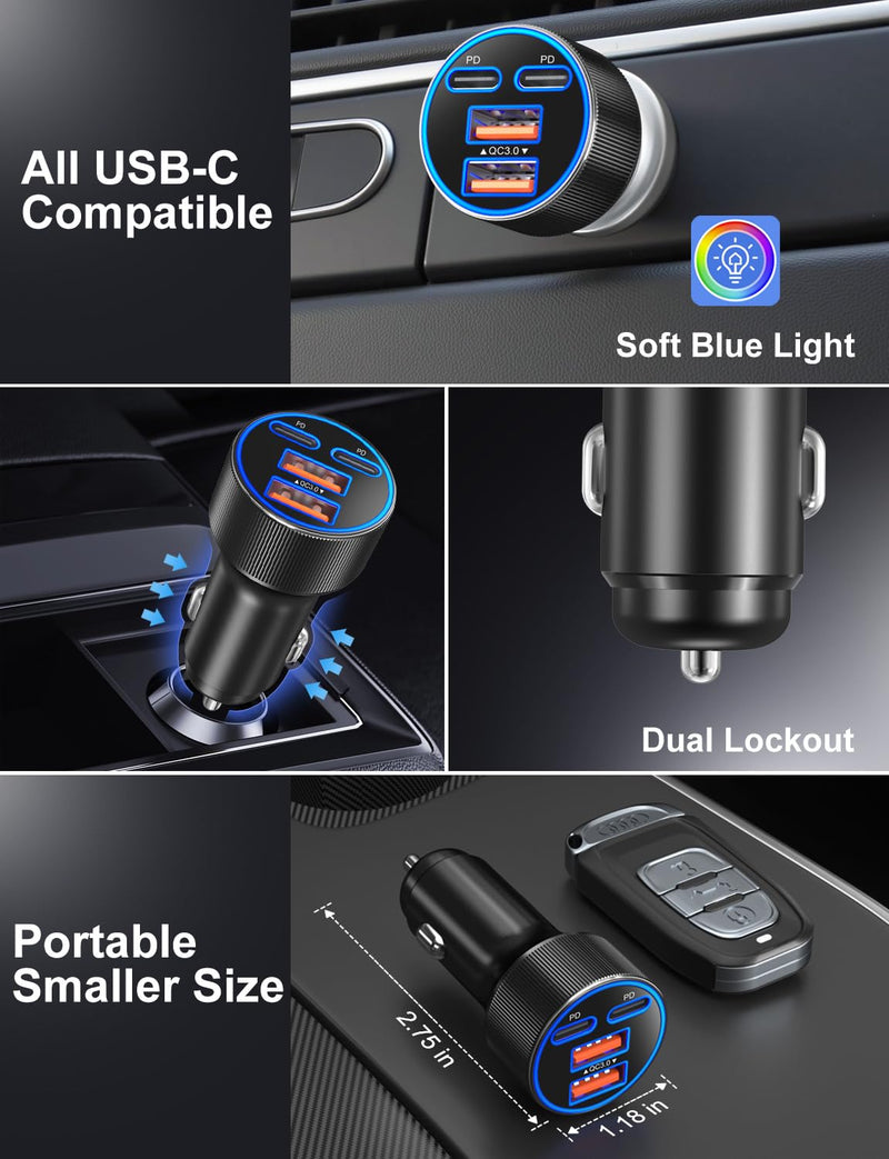 USB C Car Charger, 3 Pack 90W 4-Port Dual 45W Super Fast Car Phone Charger PD/QC 3.0 Fast Charging 12V Cigarette Lighter Adapter Plug for iPhone 17 16e 15 14 Pro Max, Galaxy S26 S25, Android Black