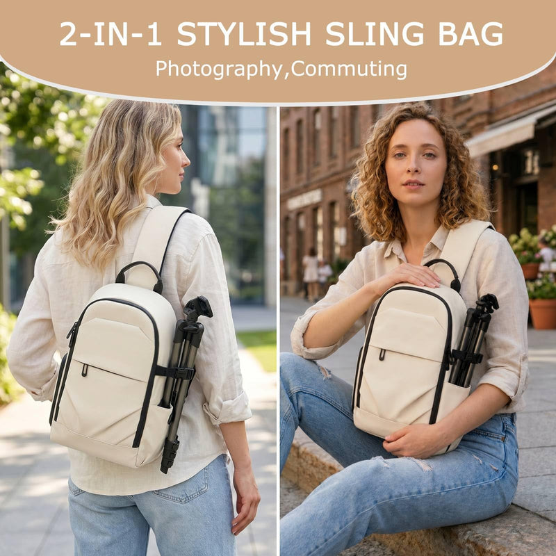 TAAOKA Camera Sling Bag for Photographe – Waterproof Crossbody Camera Bag with Fast Access Pockets, DSLR Cute Camera Bag for Nikon/Sony/Canon (Beige) Beige Medium 9.06 x 5.12 x 15.16 inches