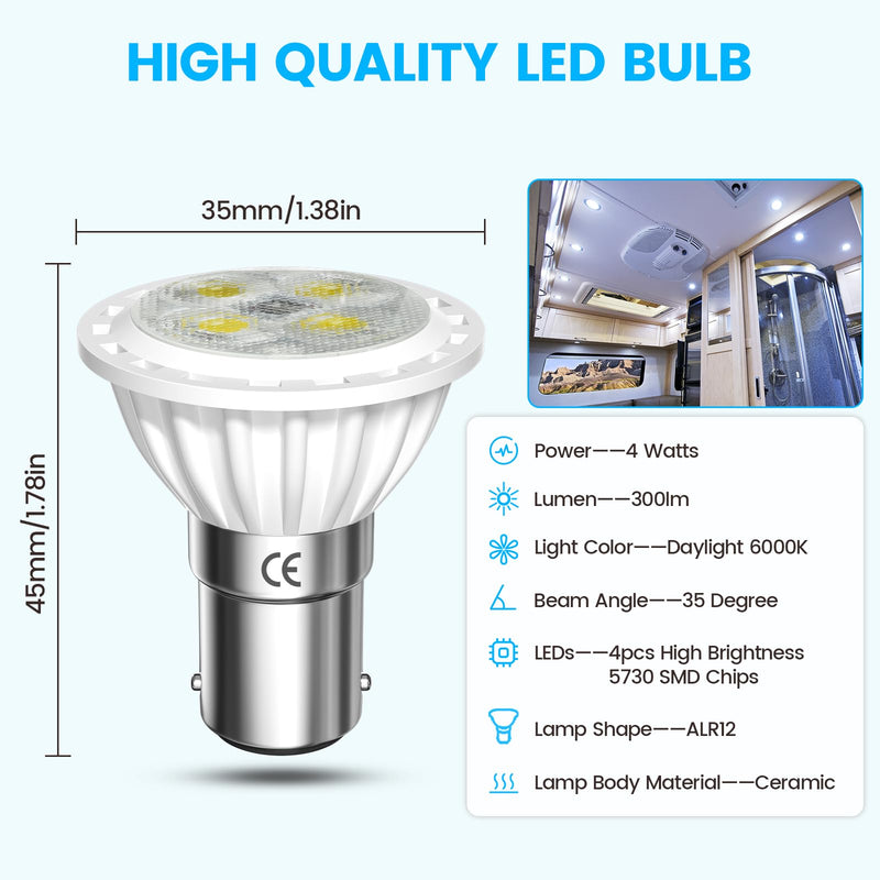ALR12 BA15D LED Elevator Light - 6435/FR 12V BA15D Frosted Light Bulb 30W Halogen Replacement ALR12 Flood Light for RV Camper Trailer Motorhome Boat Lighting, Daylight 6000K, 2-Pack 4W-2Pack