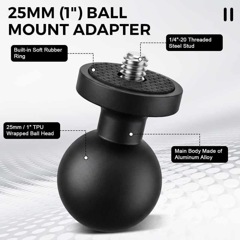 2 Pcs Aluminum Alloy 1" Ball Mount Adapter with 1/4"-20 Threaded Stud,TPU Wrapped Ball Head Compatible with Gopro13/12/11, Insta360 X5/x4/x3/x2, DJI Osmo Action Camera,Compatible with RAM B Size Mount