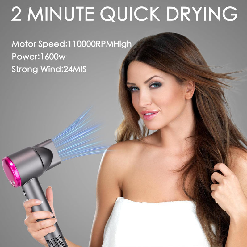 Hair Dryer, Professional Ionic Hair Dryer with 3 Speed 4 Heat Setting, Brushless Motor 110000 RPM Low Noise Thermo-Control Travel Hairdryers with Magnetic Nozzle 1600W Portable for Home Travel(Gray) Gray