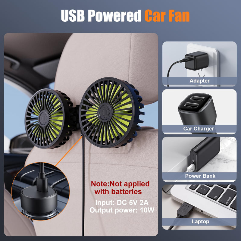 Dual Head USB Car Fan, 3 Speeds 360° Rotatable Backseat Headrest Fan, Quiet 5V/2A Electric Air Circulation Fan for Kids, Pets, Sedan SUV RV Truck black green Large