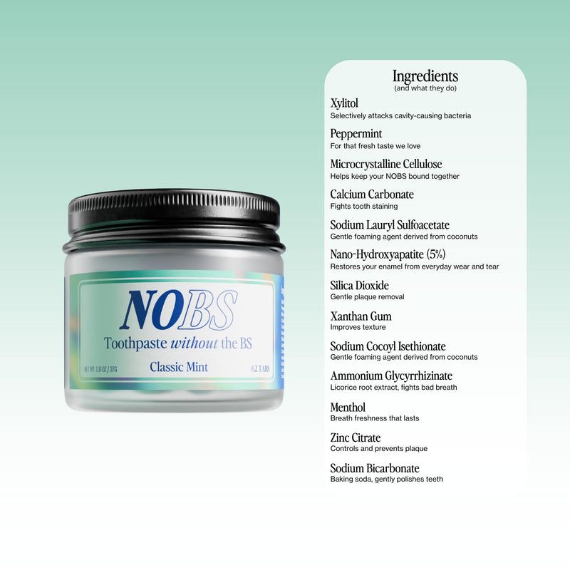 NOBS (No Bad Stuff) Toothpaste Tablets - Nano Hydroxyapatite, Fluoride & Plastic Free, Eco & Travel Friendly - Remineralize with NHA (3 Month)