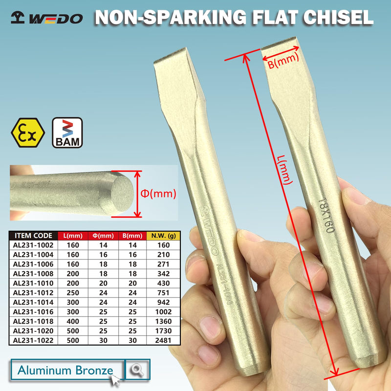 WEDO Non-Sparking Cold Chisel,Aluminum Bronze Flat Chisel,Blade 14mm,Wood Chisel,Length 160mm,DIN Standard, BAM & FM Certificate Aluminum Bronze 14mm x 160mm