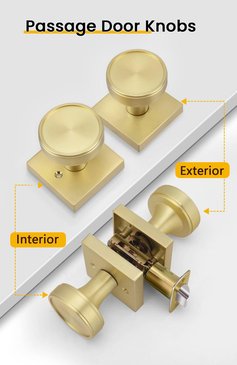 Goldenwarm Gold Passage Door Knob Interior, Zinc-Alloy Round Brushed Gold Closet Door Knob Heavy Duty Hall Closet Doorknob, Hallway - 1 Pack