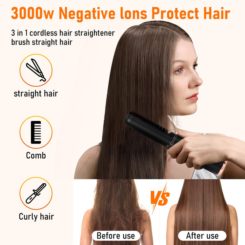 Cordless Hair Straightener Brush, Portable Hot Comb Hair Straightener Negative Ion Hair Straighteners Comb for Women 4 Temperature Beard Straightener Brush USB Rechargeable Anti-Scald Auto-Off（Black）