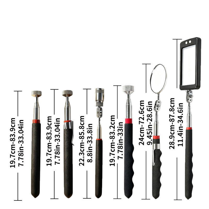 Telescoping Magnetic Pickup Tool Set, 2Pcs Round and Square Inspection Mirror Telescoping with LED Lights, 2Pcs Magnet Stick Best Gadgets Gifts for Men (Black, 6 Pack) Black