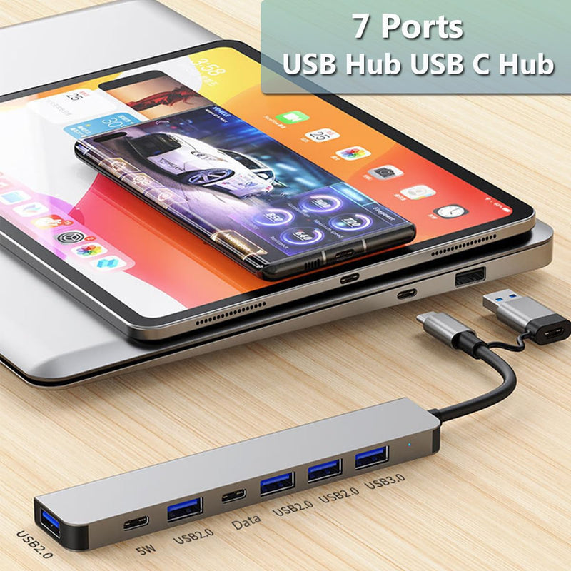 【Upgrade】 USB C & USB Hub with USB 3.0, USB 3.0 Hub for Laptop, 7 in 1 USB 3.0 Hub with USB C Data Port Compatible with MacBook Pro, iPhone 15, iPad Air, Dell XPS, HP, ect