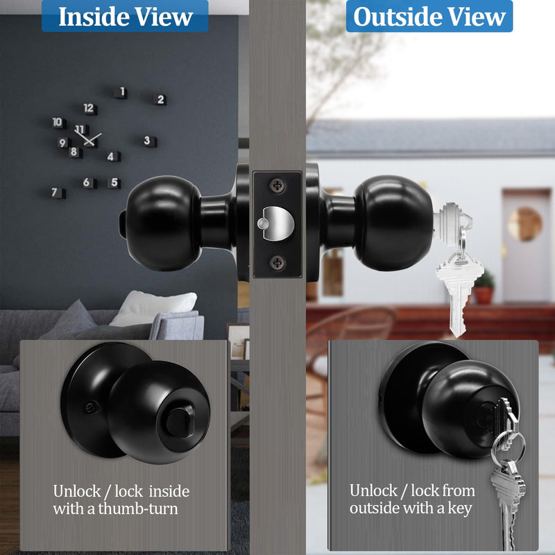 5" Backset Latch Keyed Entry Door Knob with Lock and Key, Standard Square Interface Entrance Ball Doors Knobset Lockset, Matte Black