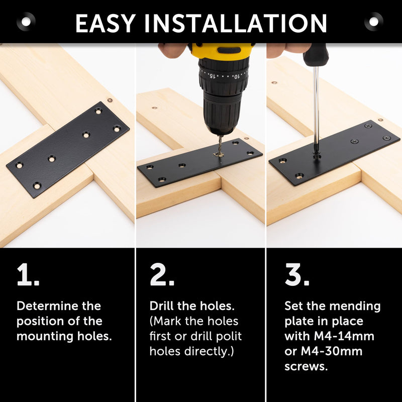 4 Pcs Flat Straight Mending Metal Plate 1-15/16" x 6-1/16", Heavy Duty Black Straight Bracket, Repair Joining Fixing Brace for Wooden Furniture，6 Holes with 2 Sizes Screws 1-7/8x6-1/16 inch / 48x169 mm 4