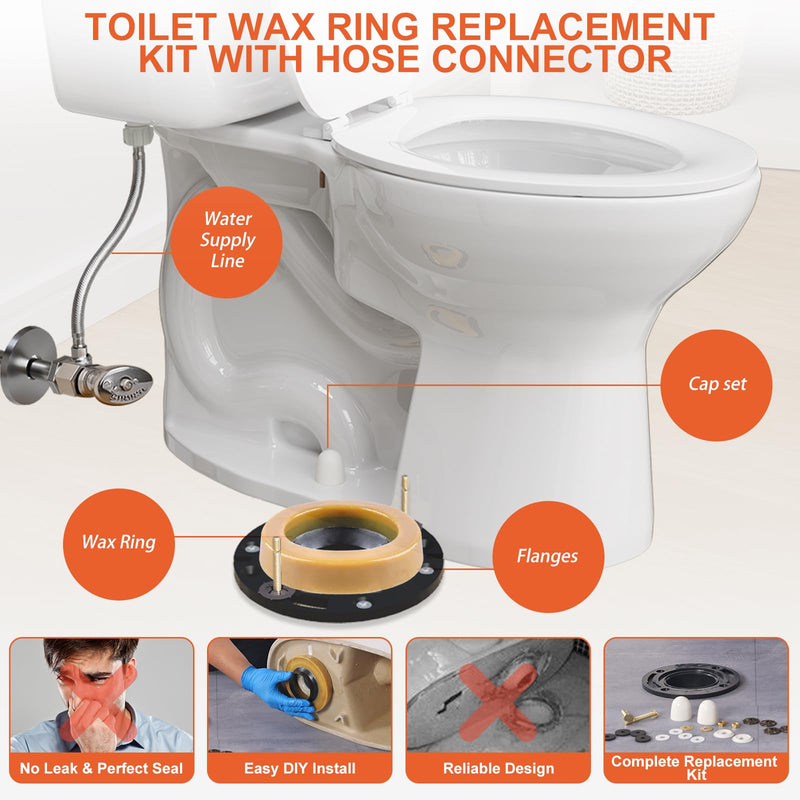 Toilet Wax Ring Kit with Flange and 16in Supply Line for 3 or 4in Drain | Repair Leaking Toilet, Toilet Installation Kit, Fix Damaged/Rusted Flange, Toilet Flange Repair Kit Toilet Flange with Standard Wax Ring & Water Supply Line