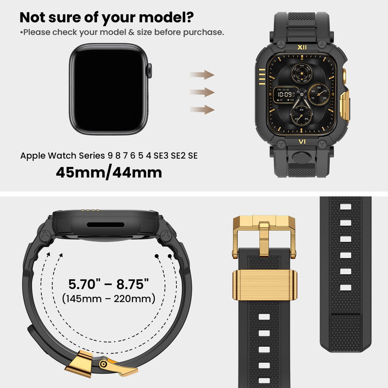 DABAOZA Rugged Sport Band with Case Compatible for Apple Watch 45mm 44mm | Shock&scratch resistant,men sport daily wear,fits 45mm 44mm,iWatch Series 9 8 7 6 5 4 SE 3 2,Black/Gold Black/Gold 45mm/44mm