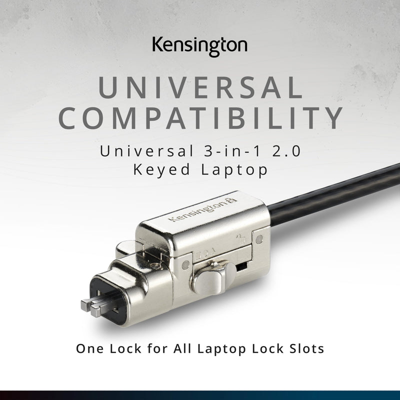Kensington Universal 3-in-1 2.0 Keyed Laptop Lock, Fits T-bar, Nano, N17, Wedge-Shaped Lock Types, 6-Foot Computer Security Locking Cable, Compatible with Dell, HP, Lenovo, K63389WW Universal fit 3-in-1 Lock Keyed - 1 tip