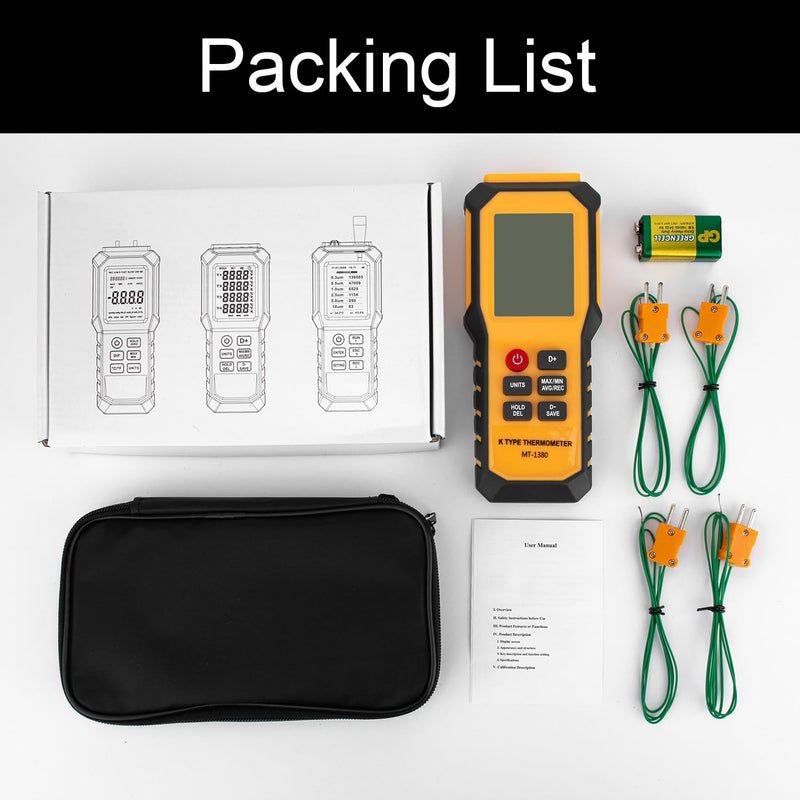 4-Channel K-Type Temperature Thermometer with LCD Backlight Measurement Range- 328℉-2501℉,YMZMeter Data Logger Comes 4 PCS Thermocouple Probe Sensor -104℉-752 ℉ 9V Battery Included. Yellow