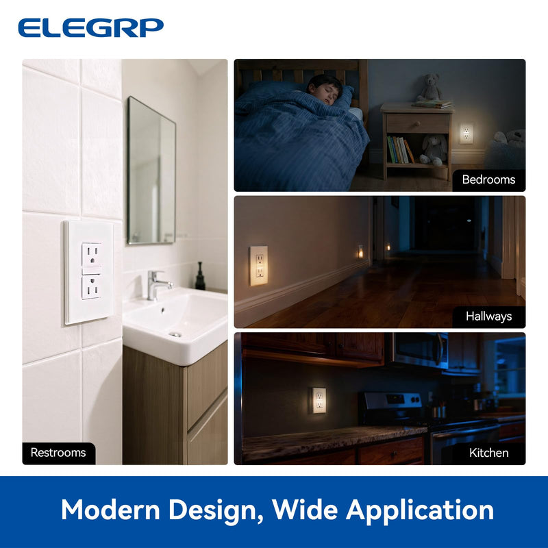 ELEGRP Decorative Outlet Night Light, Electrical Wall Outlets with Built in Led Guidelight 3000K, Tamper Resistant Receptacle, 15 Amp 125 Volt, Plate Cover Included, Matte White, 4 Pack Wall Plate Included Warm White