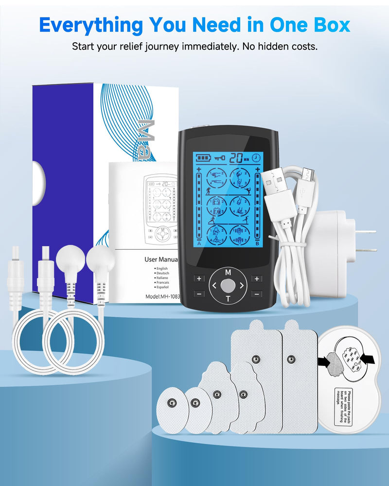 TENS Unit Muscle Stimulator, 24 Modes Dual Channel TENS EMS Machine for Muscle Tension and Back Relief, Rechargeable Pulse Massager with Timer, 6 Upgraded Pads for Neck Shoulder Leg and Knee