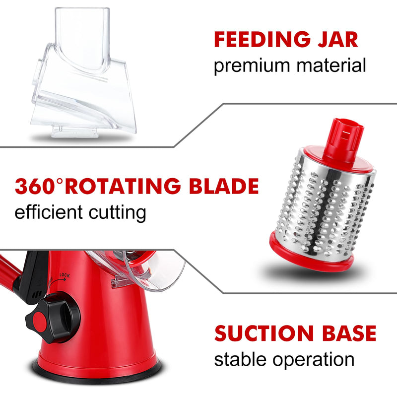 Cheese Grater Rotary, Rotary Grater for Kitchen, Kitchen Grater Vegetable Slicer with 3 Drum Blades, Fast Cutting Cheese Shredder for Vegetables and Nuts Red 3 BLADES