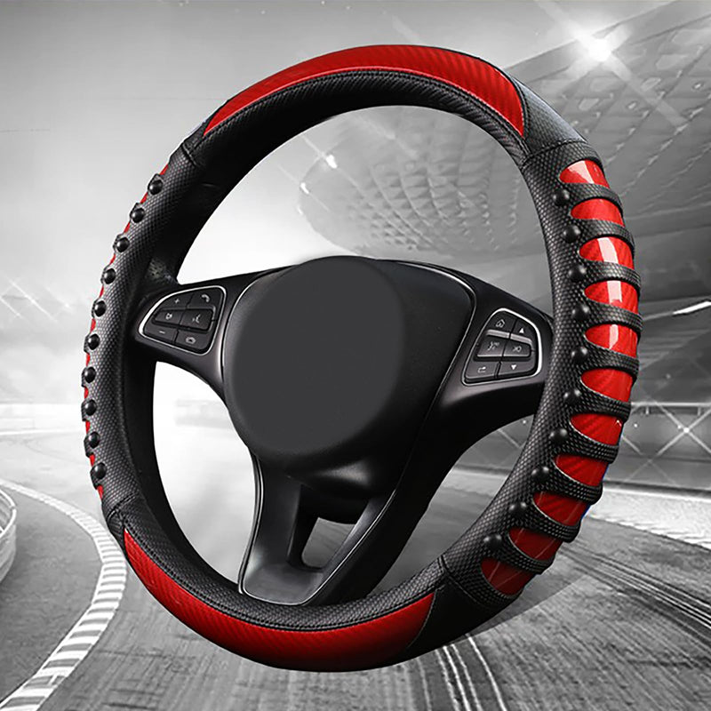 3D Massage Red Carbon Fiber Leather Steering Wheel Cover, 14.5-15 Inch Non-Slip Breathable Microfiber Car Steering Wheel Protector 3D Massage - Sports Red