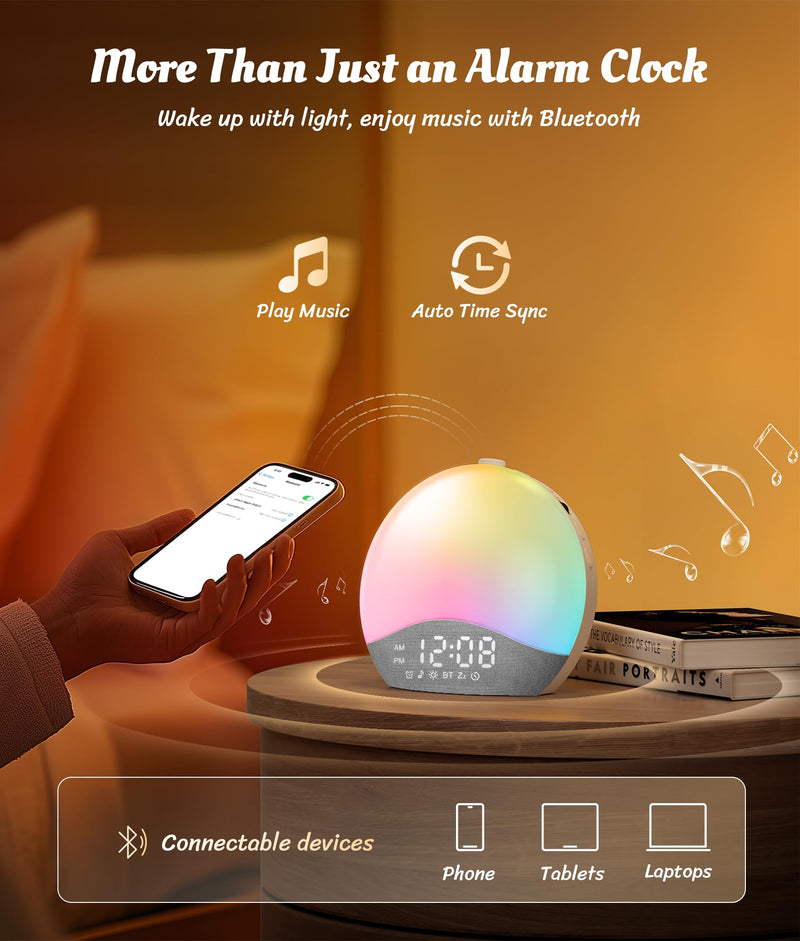 ecozy Sunrise Alarm Clock, White Noise Sound Machine, Alarm Clock for Bedrooms, 26 Soothing Sounds, 17 Night Lights, Bluetooth Speaker, Sunrise Wake-Up Light for Heavy Sleepers, Adults, Kids Grey & White
