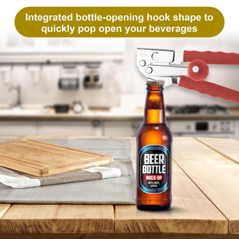 Commercial Can Opener, Stainless Steel Heavy Duty Manual Hand Crank Can Opener, with Comfortable Ergonomic Design Extra-long Handles, Large Handheld Smooth Can Open Easy for Big Cans, Red