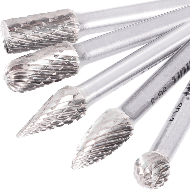 Tungsten Carbide 5PCS Rotary Burr Set 1/4" Shank – Double Cut Die Grinder Bits 3/8" Dia Head Die Grinder Drill for Milling, Carving, Engraving, Deburring, Drilling, Hard Wood