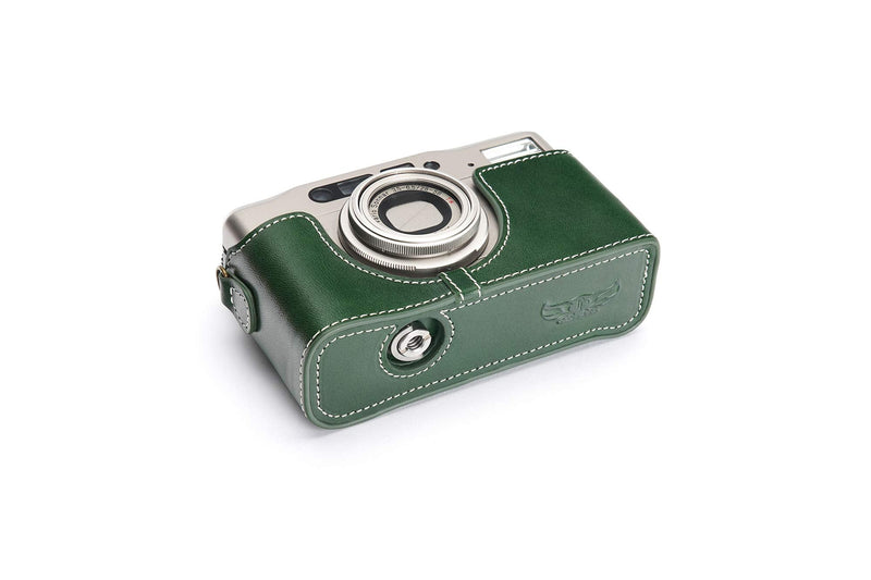 Contax TVS II Case, BolinUS Handmade Genuine Real Leather Half Camera Case Bag Cover for Contax TVS II Camera with Hand Strap (Green) Green