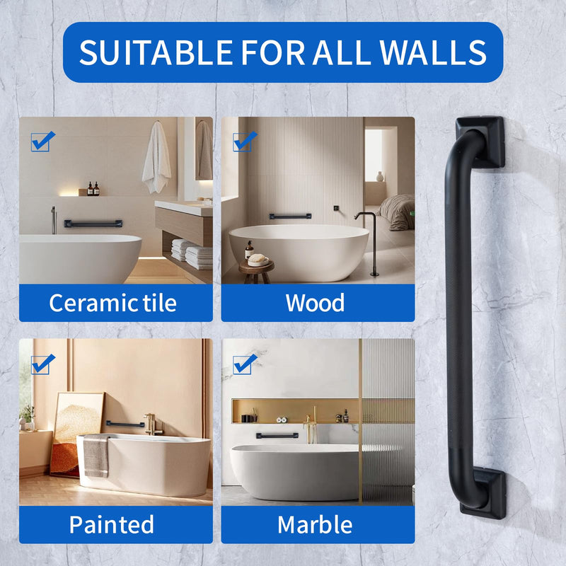 Bathroom SafetyGrab Bars for Elderly Seniors,Anti-Slip Shower Handles Toilet Grab Bars,High Weight Capacity,Wall Mounted Grab Bars for Bathtub Shower,Black Grab Bars (Black Knurled, 12-inch Grab Bar)
