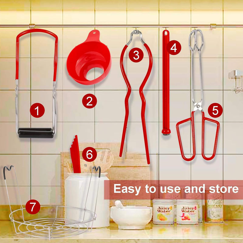 7 Pieces Canning Supplies Kit, Red | Stainless Steel Canning Tools Set, Includes Steamer Rack, Funnel, Jar Lifter, Wrench, Tongs, Lid Lifter, Bubble Remover