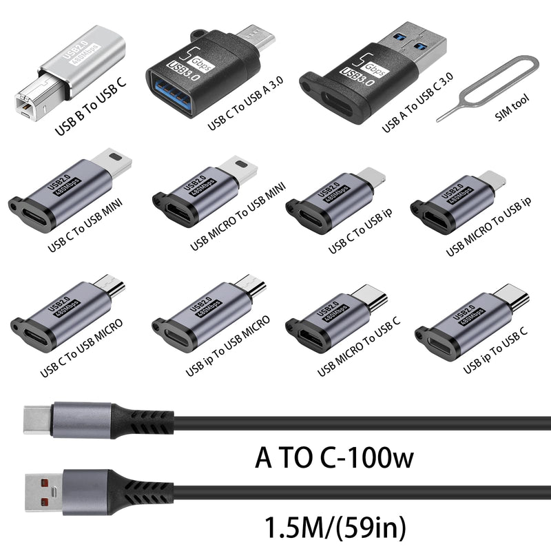 USB Adapter kit, Including USB3.0/USB C/Micro/MINI/IP/Type-C and 11 Other converters and SIM Tools, 1.5-Meter 100W high-Power Data Cable, Mountain Buckle Travel Bag.