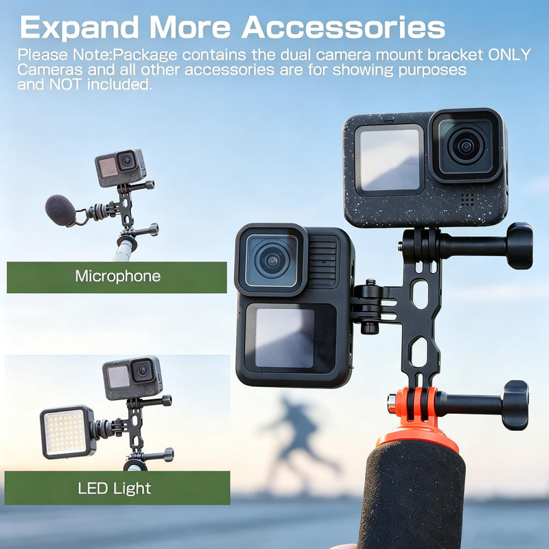 Aluminum Horizontal Vertical Dual Mount Adapter for GoPro 13/12/11/10/9 | Twin Cameras Mount Bracket for DJI Action 6/5/4/3, for Insta360 Ace/Pro/Pro2, Expand Mount for LED Fill Light / Microphone