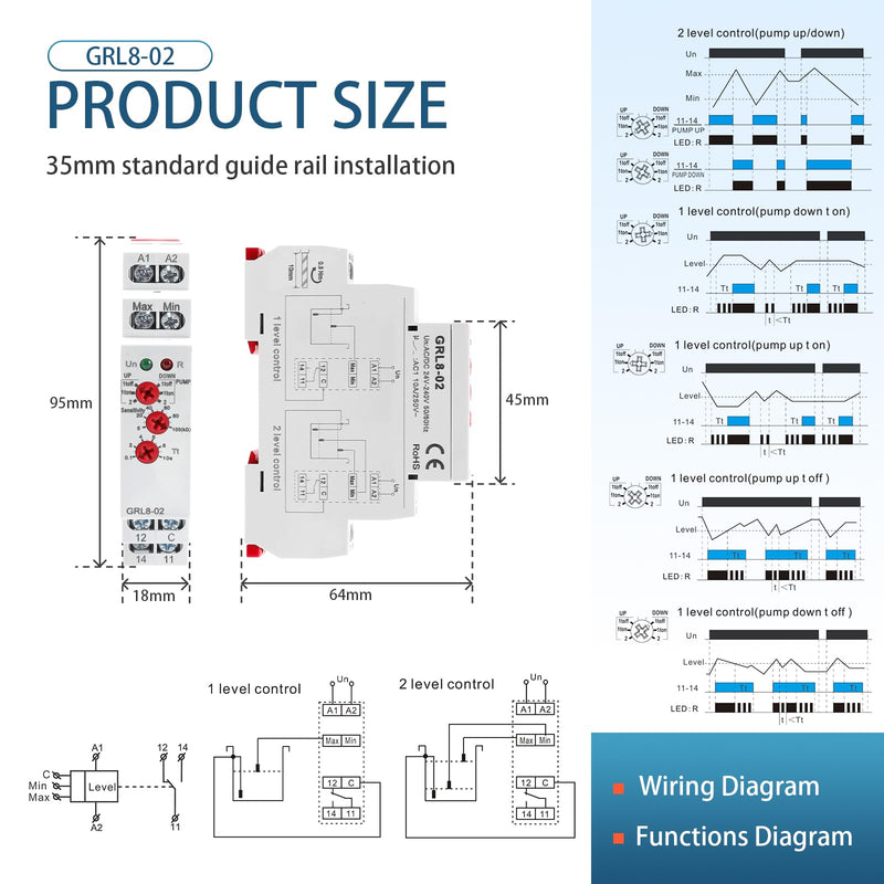 10A Liquid Level Control Relay GRL8-02 AC/DC 24V-240V Water Level Sensor Control Relay with 0.1S-10S Adjustable Time, Automatic UP and Down Liquid Level Controller with 5ft Detector Sensor 1*GRL8-02-AC/DC 24V-240V +3pcs 5ft Detector Sensor