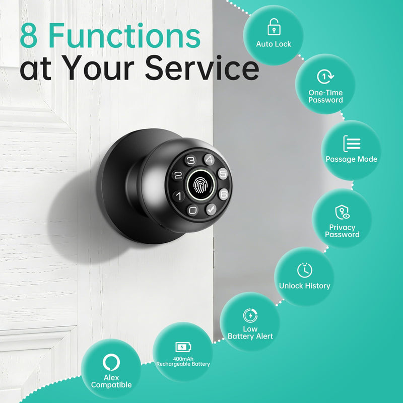 Fingerprint Door Lock - Smart Door Knob, Biometric Door Lock with Keypad Passcode Door Handle for Bedroom Home Office (Black) Black APP