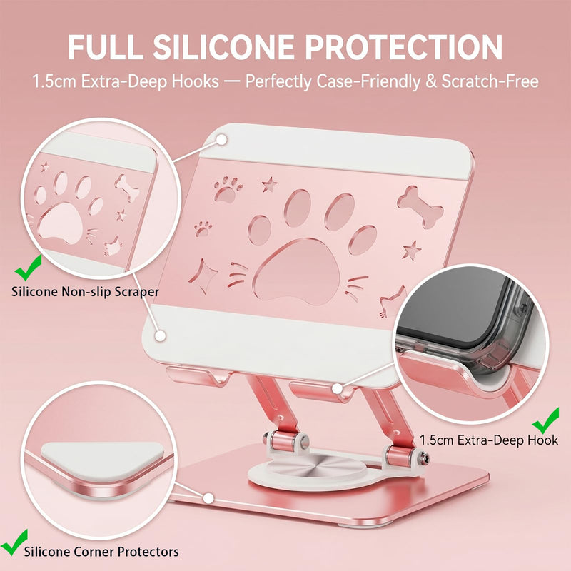 Cute Cat Paw Carbon Steel Tablet Phone Stand, 360 Rotating Heavy Duty Tablet Holder, Foldable Adjustable Stand Compatible with 4.7-13" iPhone, iPad Pro Air Mini, Kindle, Android Tablets (Pink) Pink