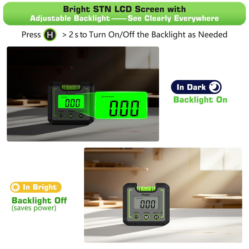 Huepar Digital Level Angle Gauge Mini Angle Finder Level Box with V-Groove Magnetic Base&Backlit LCD Bevel Gauge Inclinometer for Carpentry,Building, Automobile, Masonry - 0~360° Fast Measurement AG01
