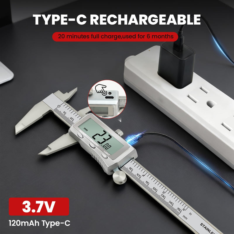 Digital Caliper 6 Inch, Rechargeable Calipers with Backlight LCD Screen, Stainless Steel Caliper Measuring Tool, Auto-Off Micrometer, Inch/MM/Fraction Conversion for 3D-Printing/DIY/Household 6In