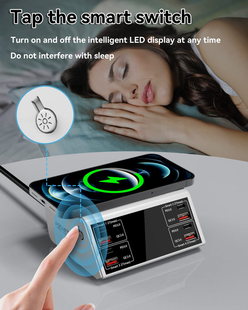 USB Charging Station,100W 8-Port Charging Station for Multiple Devices with 4 QC3.0+4 USB-C PD Ports,Wireless Charger,Multi Fast Charging Hub Charger Station for iPhone,Samsung, iPad White