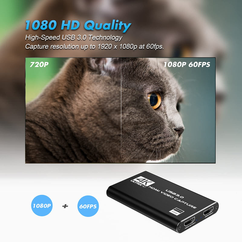 Capture Card Nintendo Switch, 4K HDMI Video Capture Card, 1080P 60FPS, HDMI to USB 3.0 Capture Card for Streaming Work with Camera/Xbox/PS4/PS5/PC/OBS Black