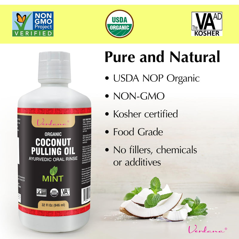 Verdana Organic Oil Pulling for Teeth & Gums – 32 oz Mint – USDA Organic Coconut Pulling Oil Rinse – Alcohol-Free, Fluoride-Free – Natural Mouthwash for Fresh Breath, Gum Health & Oral Detox 32 Fl Oz (Pack of 1)