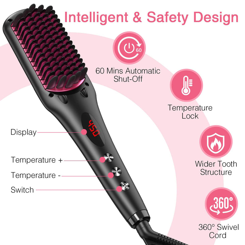 MiroPure 2 in 1 Ionic Hair Straightener Brush Hot Comb MCH Heating Smoothing Brush with 16 Settings, Dual Voltage