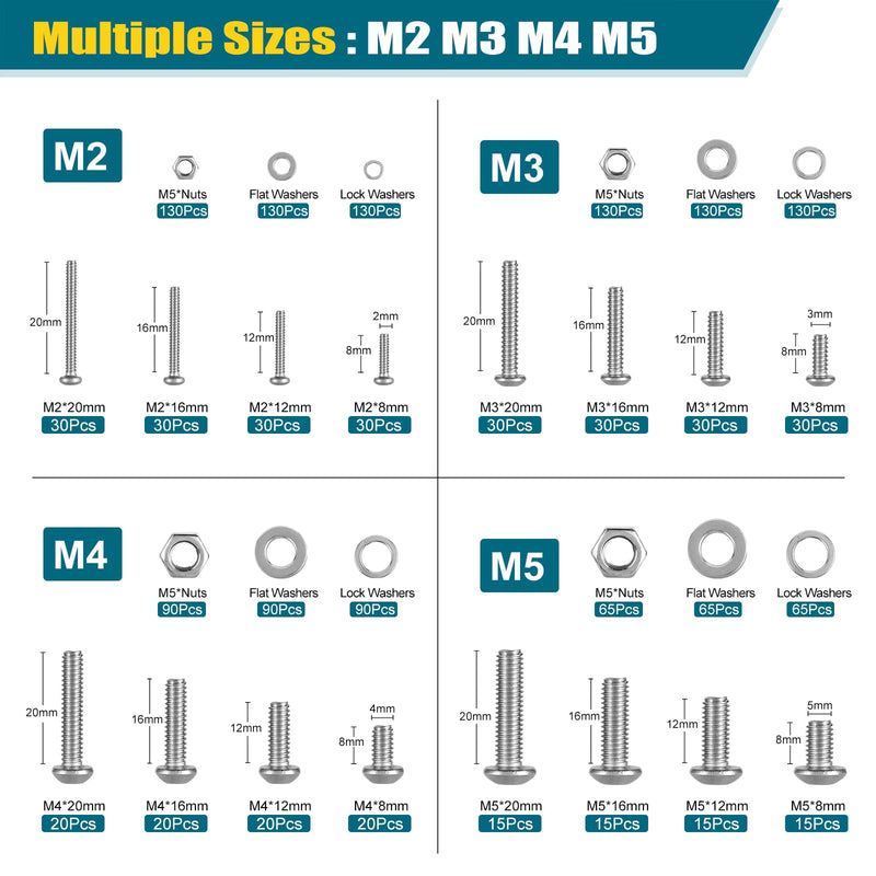 SATANTECH 1625Pcs M2 M3 M4 M5 Metric Screw Assortment,304 Stainless Steel Metric Bolts and Nuts Assortment Kit,Hex Socket Button Head Metric Machine Screws with Flat and Lock Washers Silver Hex Button Head Screw kit