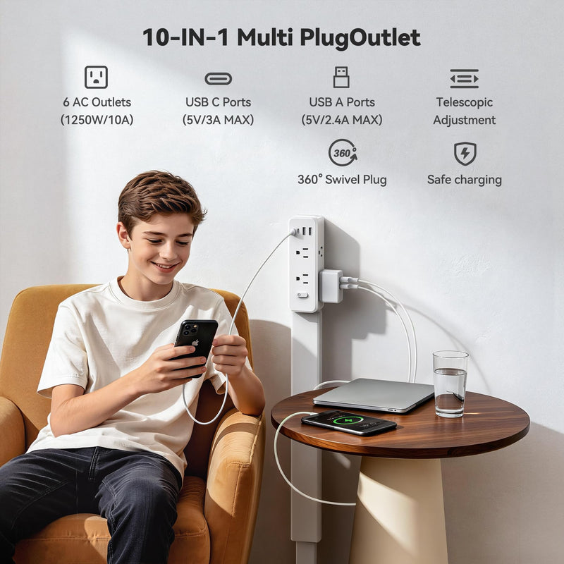 Outlet Extender Stick, 360° Rotating Wall Outlet Expander with 22-35" Extendable Base, 10-in-1 Power Strip Stick with 6 AC Outlets, 4 USB Ports (2 USB-C), Flat Plug for Behind Couch, Home, Office
