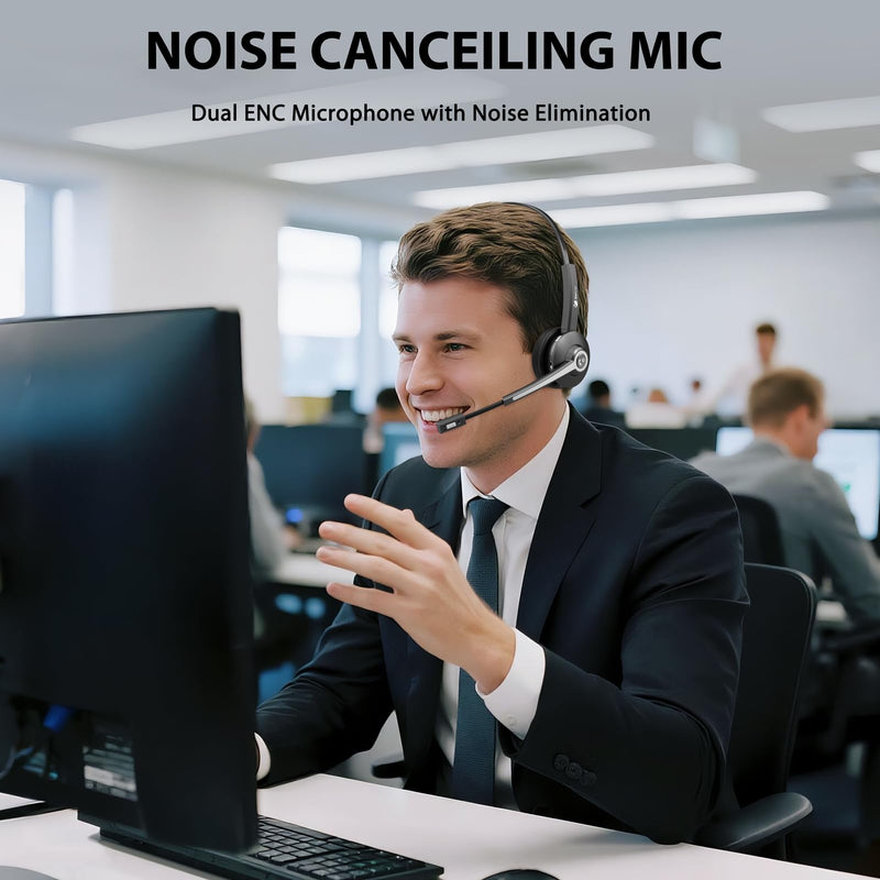 Earbay Trucker Bluetooth Headset, Wireless Headset with Mic for Work Noise Canceling & USB Dongle, Bluetooth Headphones with Microphone Mute & Charing Dock for Trucker/Meeting/Remote Work/PC/Office Black&Silver