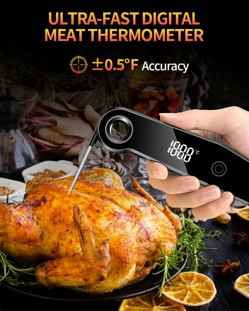 2025 Upgrade Meat Thermometer Digital for Cooking, 0.5s Instant Read Food Thermometer, ±0.5 ℉ Accuracy Kitchen Thermometer, Large LED Display, IP67 Waterproof for Grill, BBQ, Oven, Brewing, Baking Black