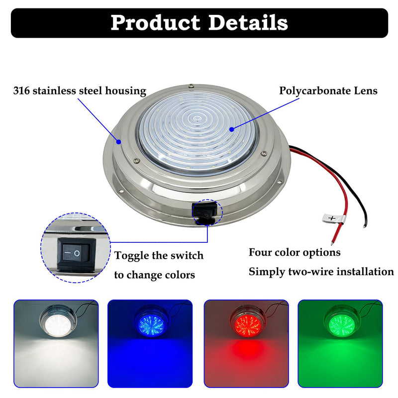 Marine Boat Dome Light, RGBW 7" 12V Interior Cabin Lights, Built in Toggle Switch, Stainless Steel Surface Mount